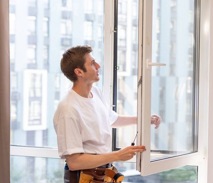 A repairman fixing windows in new apartment.